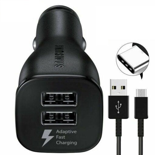 Genuine Samsung Galaxy Dual Port Fast Car Charger With USB C Cable Black